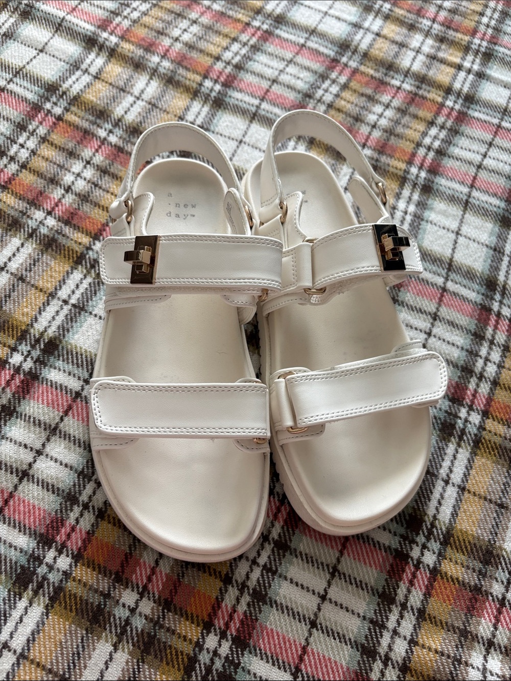a new day White Double-Strap Slingback Sandals with Gold Buckle